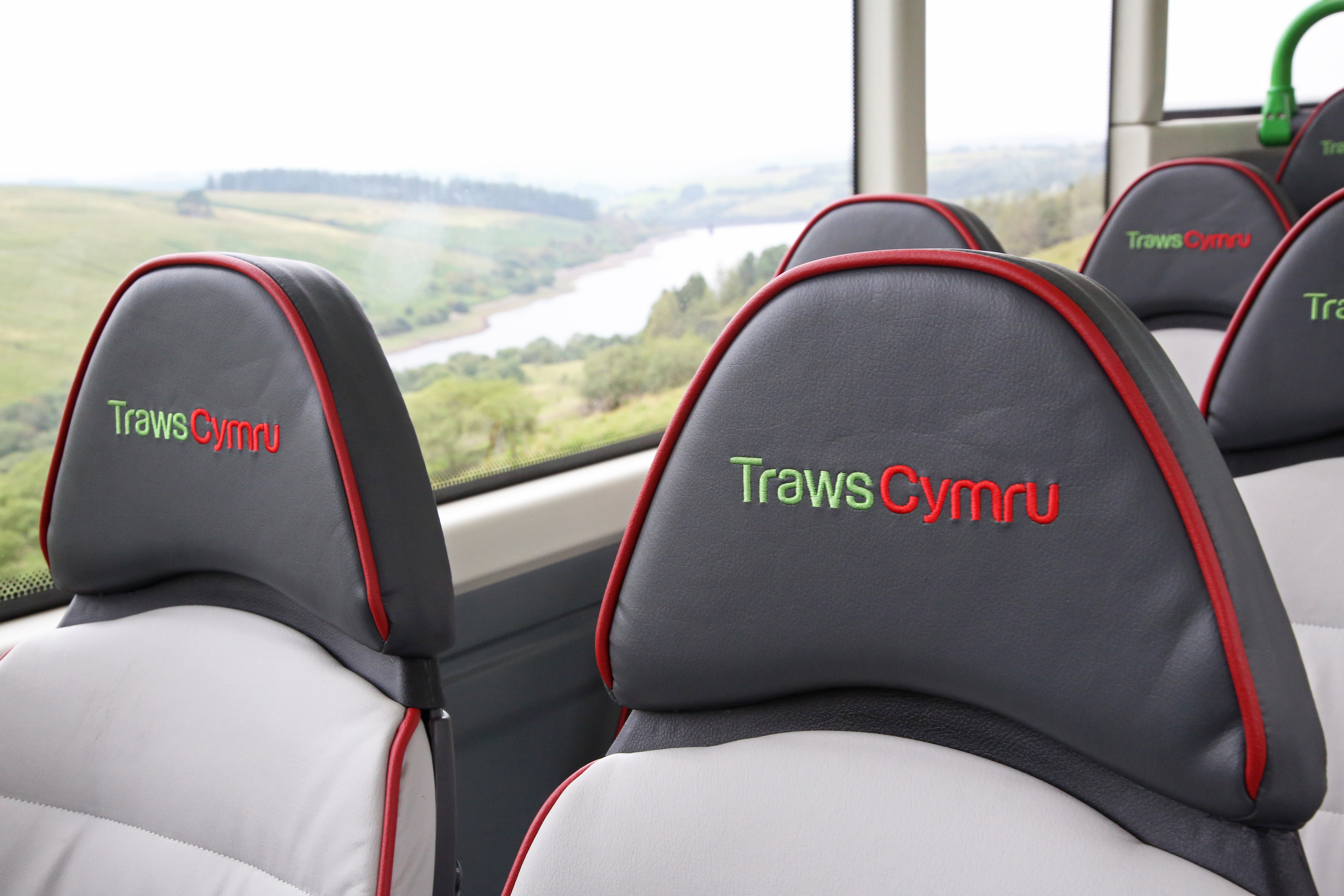 TrawsCymru Bus with a window view of welsh hills 
