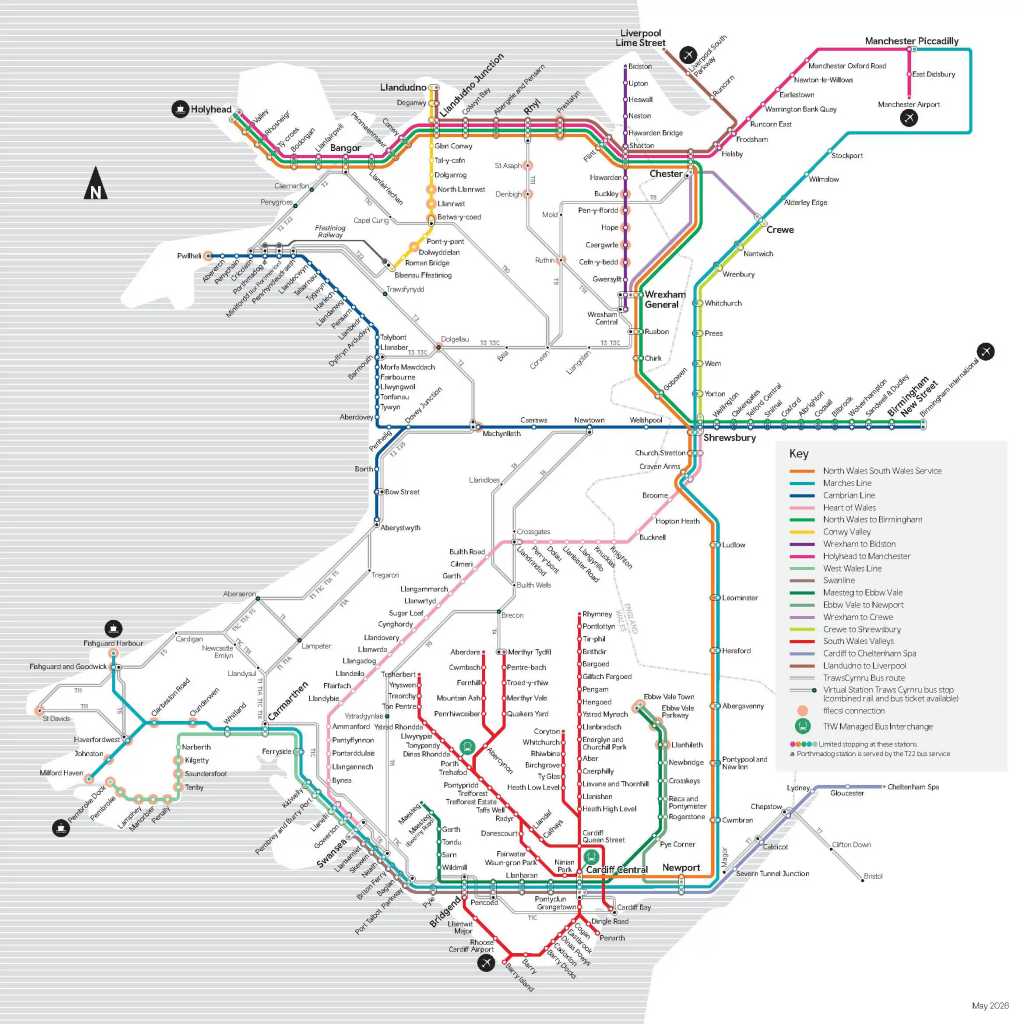Map of the Transport for Wales (TfW) network with key