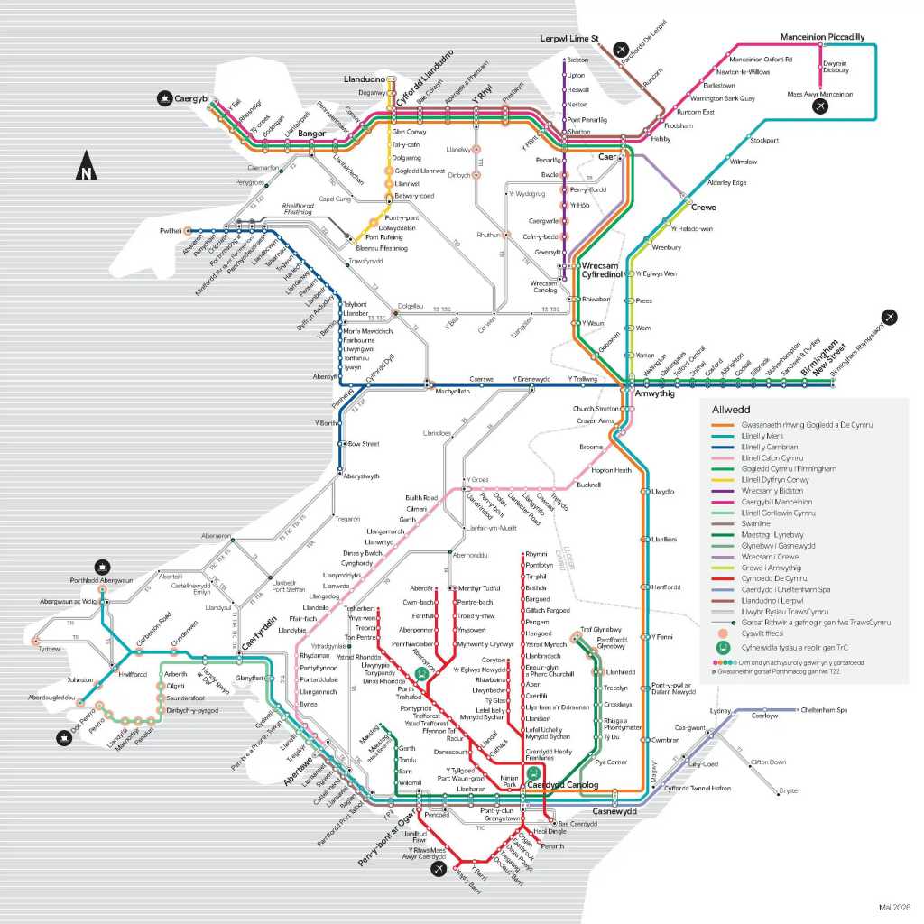 Map o rwydwaith Trafnidiaeth Cymru (TrC) gydag allwedd